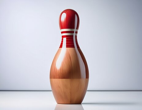 a single polished wooden bowling pin with red stripes on white