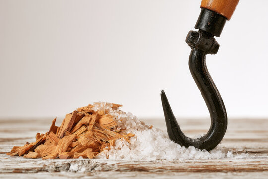 Hickory wood chip sea salt meat hook wooden table food preservation smoke culinary rustic vintage macro