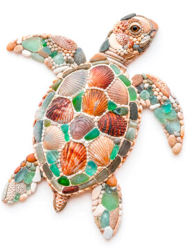 Decorative turtle sculpture made from various seashells and stones, showcasing intricate details and textures, positioned on a white background for emphasis