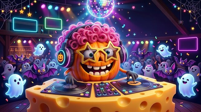 Pumpkin dj wearing pink afro wig and star glasses performing at halloween disco party with cute ghosts and bats in vibrant neon nightclub.