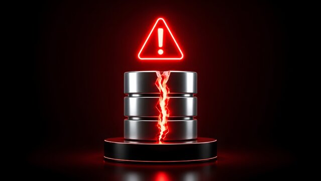 Cybersecurity data breach alert on cracked server database showing critical network failure and digital infrastructure vulnerability