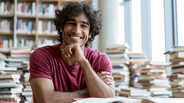 Male student surrounded by stacks of books in a bright library studying and reflecting for education background and study scene