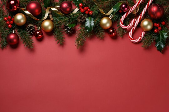 christmas border with fir branches baubles candy canes festive red holiday background with copy space
