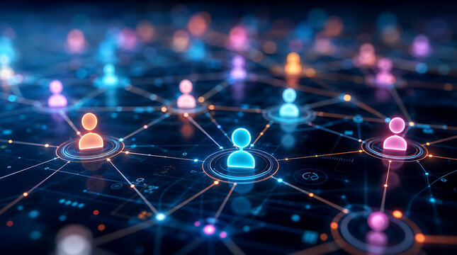 Futuristic digital social network displaying glowing connected user icons and global data nodes