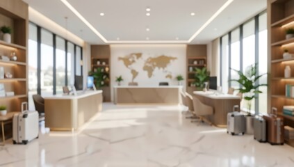 Fototapeta premium blurred interior background of a luxury travel agency, modern reception lobby with world map wall art, elegant office space with marble floors and luggage.