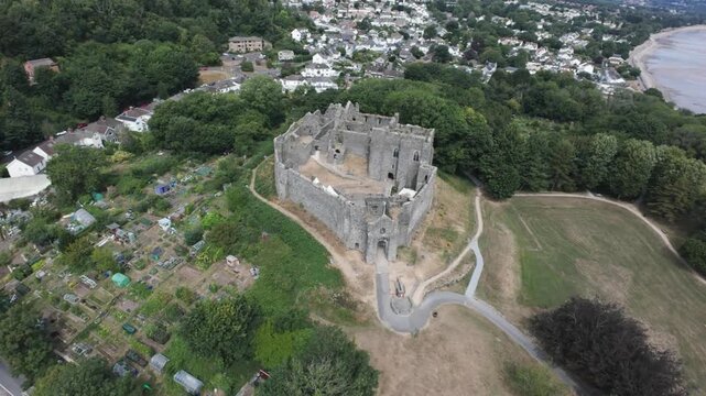 Aerial Drone View of Oystermouth Castle, Mumbles, Swansea, Wales