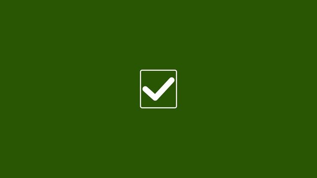 Check mark icon with white check symbol drawing inside a white square box on a dark green background, success and task completion concept motion graphic animation for UI or web design.