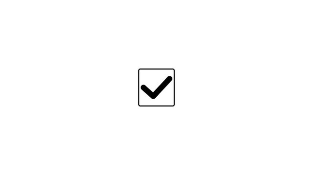 Check mark icon with black check symbol drawing inside a black square box on a white background, success and task completion concept motion graphic animation for UI or web design.