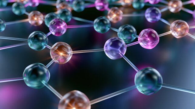 Building blocks of matter connect in a network of atoms and molecules showing colors and lights in a dark background