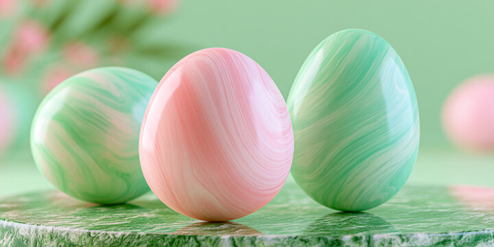 Three glossy marbled Easter eggs in pastel mint green and soft pink colors on a marble stone surface