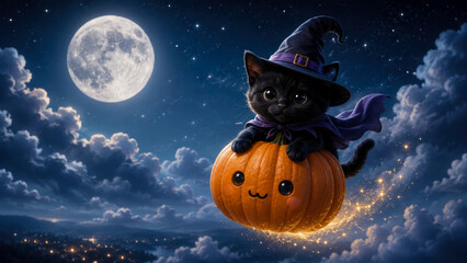 Fototapeta premium Adorable Black Kitten Wearing Witch Hat Flying on Magical Smiling Pumpkin Against Full Moon Night Sky with Twinkling Stars and Whimsical Halloween Atmosphere