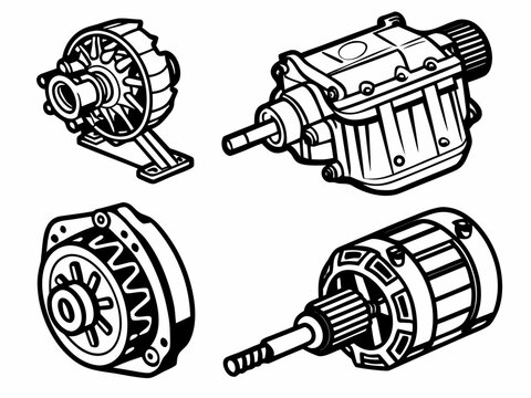 Four black isolated vector designs including an engine block, alternator, brake disc assembly, and transmission gearbox. Pure white background, realistic mechanical details, clear recognizable forms, 