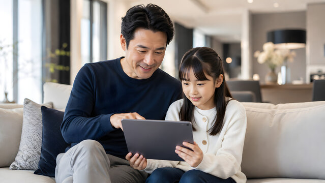 ゆったりとしたソファに座りタブレットを仲良く操作する父親と娘