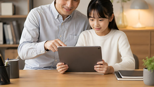 書斎のデスクでタブレットを使いながら優しく教える父親と娘
