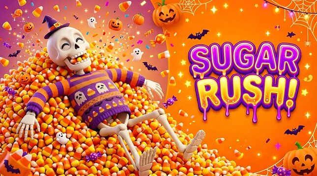 Happy skeleton celebrating halloween in a sugar rush, surrounded by candy corn and halloween decorations, spooky treats.