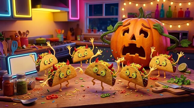Scared pumpkin watching dancing devil tacos in a halloween decorated kitchen, colorful lights, spooky fun.