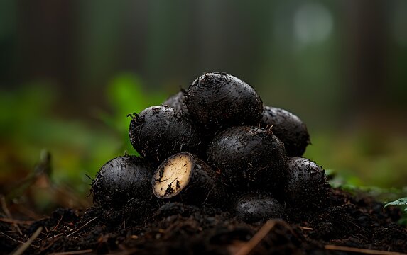 Pile of dark, round fruits in forest floor