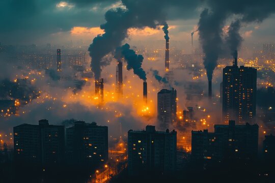 Industrial Cityscape with Thick Pollution and Moody Night Lighting