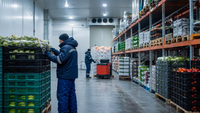 Warehouse workers in winter gear organize crates of fresh vegetables and fruits inside large industrial cold storage facility with tall metal racking systems and electric pallets