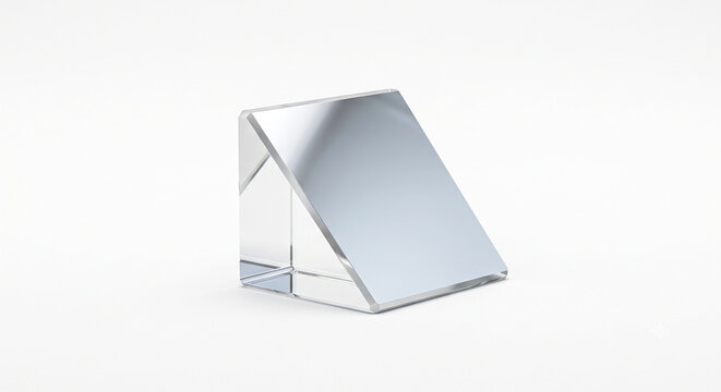 Extreme macro of a diagonal prism mirror block. Precise triangular glass prism with highly reflective silver coating on the hypotenuse. Isolated on white.