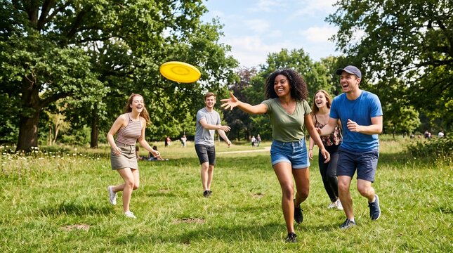 Diverse group of friends enjoying a sunny day playing frisbee in a park with lush green trees and grass