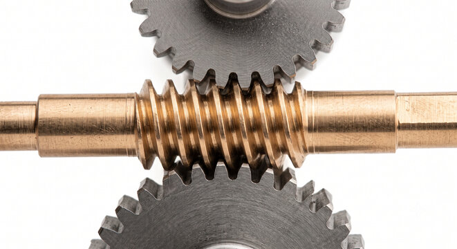 Macro of an equatorial mount worm gear. Complex machined phosphor bronze spiral thread interlocking with a steel toothed wheel. Astronomical hardware on white.