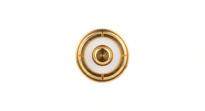 Macro of a bare audiophile RCA connector central pin. Machined brass cylinder with 24k gold-plated finish and white Teflon insulator ring. Isolated on white.