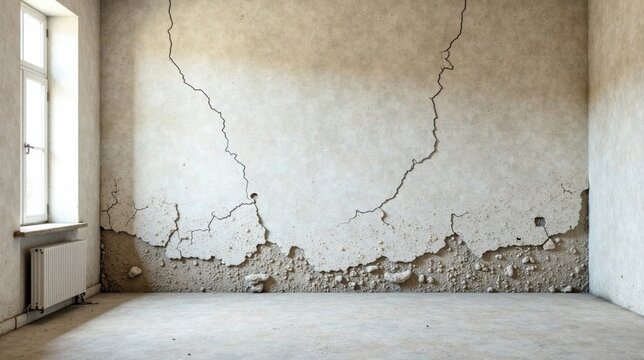 An Empty Room with a Severely Damaged and Cracked Wall, Featuring a Single Window and a Radiator