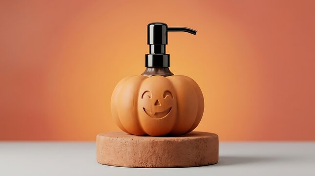 Unique pumpkin shaped liquid soap dispenser sitting on rustic brown stone stand against soft warm orange background for autumn home decor.