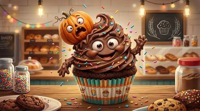 Joyful chocolate cupcake character with pumpkin face topping in bakery setting surrounded by colorful cookies and sprinkles for celebration.