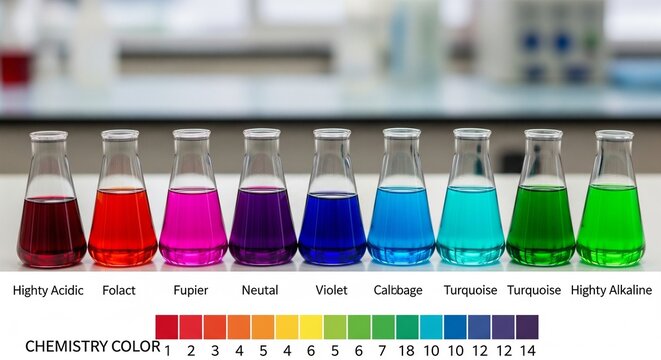 Color-coded chemistry test tubes displaying pH scale spectrum with labeled acidity levels