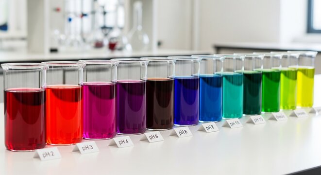Colorful test tubes with liquid samples arranged neatly on a laboratory countertop