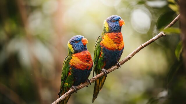 Two rainbow lorikeets perched closely on branch vivid plumage blue heads green wings orange red chests tropical wildlife closeup