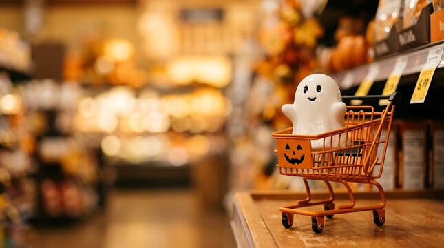 Little ceramic ghost sitting inside small orange grocery cart on wooden shelf in supermarket aisle with blurry background halloween displays.