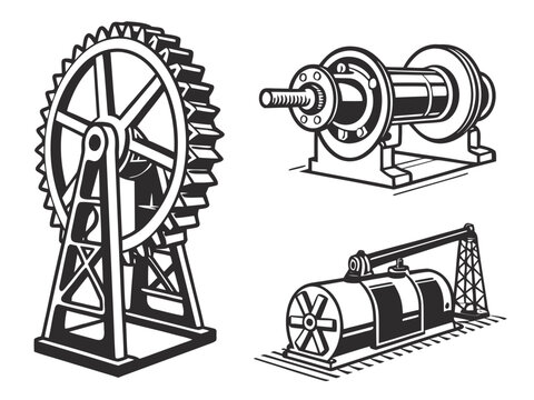 Four black vector illustrations featuring a large gear mechanism, belt drive system, industrial turbine, and shaft coupling assembly. Clean white background, bold professional shapes, detailed but rea