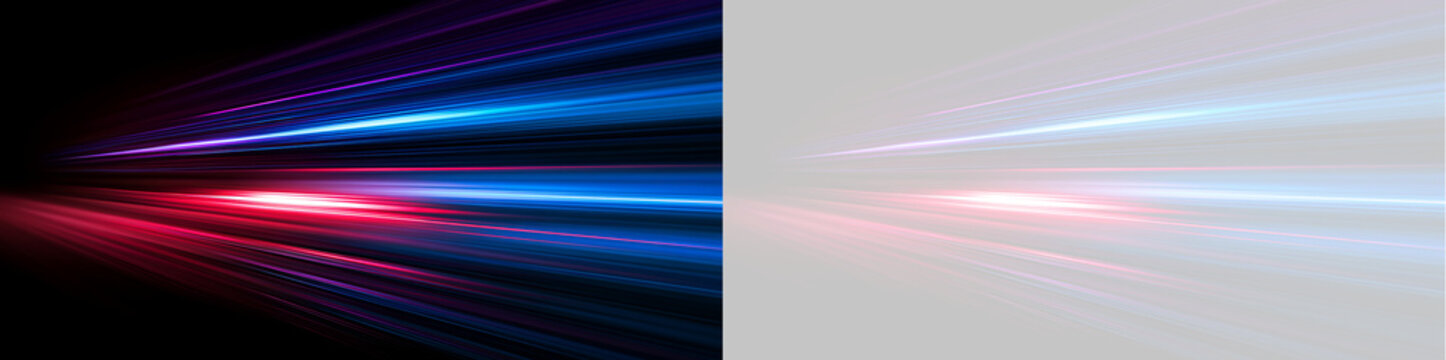 High speed light trail overlay effect. Abstract motion blur neon streaks on black and transparent background