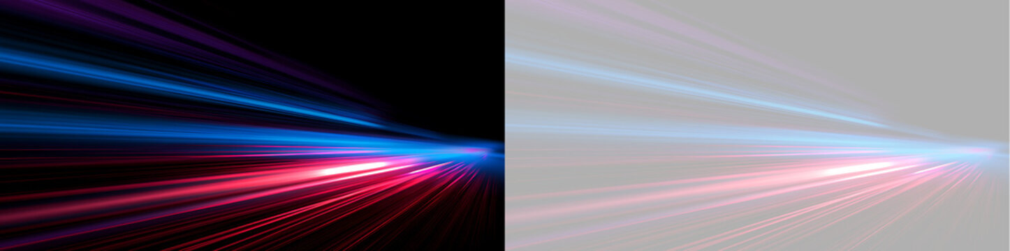 Abstract speed light streaks effect on black and transparent background. Vibrant neon motion trails banner