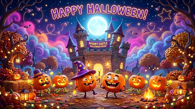 Group of cute pumpkin characters having happy halloween party in front of spooky castle with glowing moon and colorful autumn night clouds.