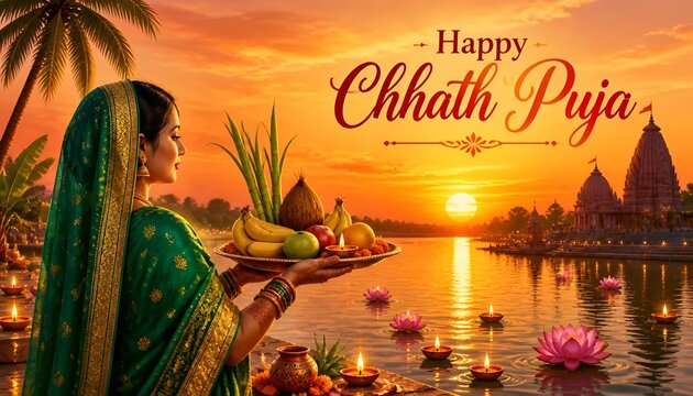Devout woman observes chhath puja by a serene river at sunset with temple and lotus flowers