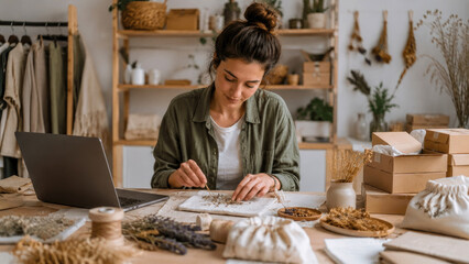 Fototapeta premium Young creative female entrepreneur working in her natural workshop, carefully arranging dried herbs and flowers for sustainable eco-friendly packaging and online retail sales
