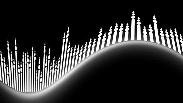 Dynamic white audio visualizer, Music sound wave animation on black background, smooth digital frequency motion, modern music visualizer for podcast, Audio visualiser. Music equaliser. 4k animation