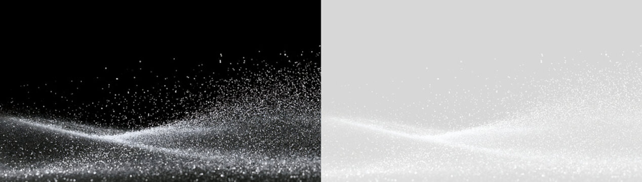 Swirling windblown snow particle overlay on transparent background. Dynamic winter dust wave effect