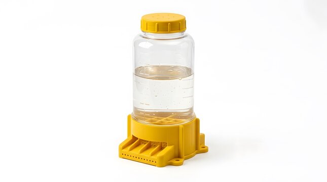 A clear bottle filled with water rests on a white surface. The bottle has a yellow base and a yellow cap. The scene shows a simple container for liquids without distractions