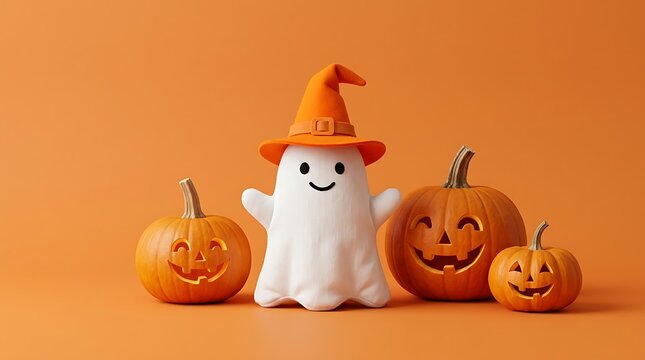 Cute ghost character wearing orange witch hat standing between three carved jack o lanterns on plain orange background for halloween party.