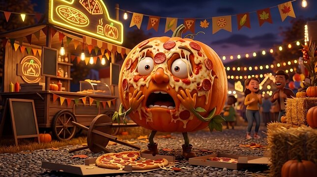 Shocked pizza pumpkin character standing at autumn festival carnival stall with pepperoni slices and melting cheese on orange gourd surface.