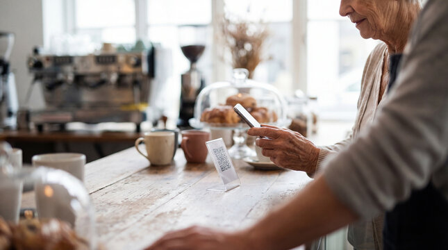 Senior woman using smartphone, Senior woman scanning QR code with smartphone for contactless cafe payment, authentic active aging concept showing wellbeing value value value value value