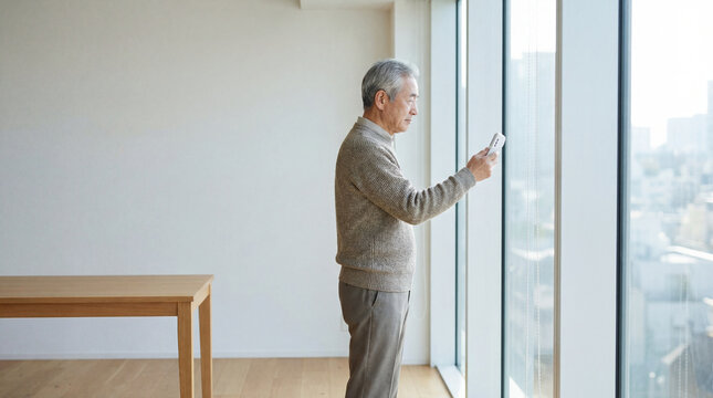 Senior man checking smartphone beside large apartment window with city view, authentic active aging concept showing independence confidence value value value value value value value