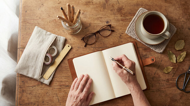 Senior hands preparing to write plans in blank notebook on rustic desk, authentic active aging concept showing independence confidence value value value value value value value value