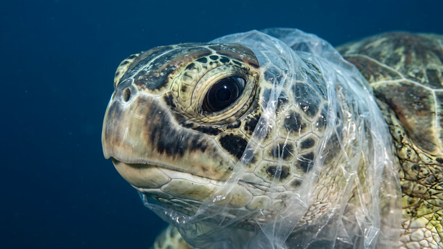 Close up of a sea turtle trapped in discarded plastic waste showing the impact of ocean pollution on marine life in the deep blue sea