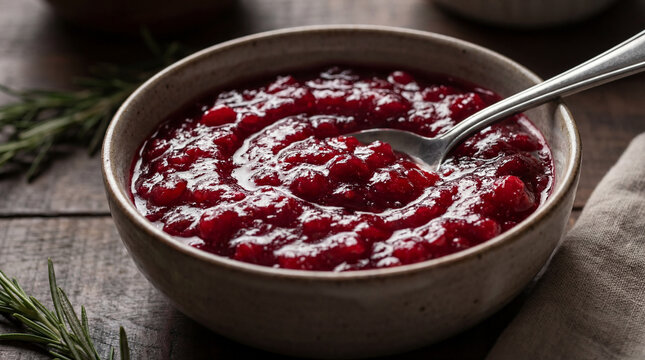 Homemade cranberry sauce in ceramic bowl with spoon on rustic table showing festive side dish holiday meal Thanksgiving cuisine suited for campaigns about lifestyle wellness community education